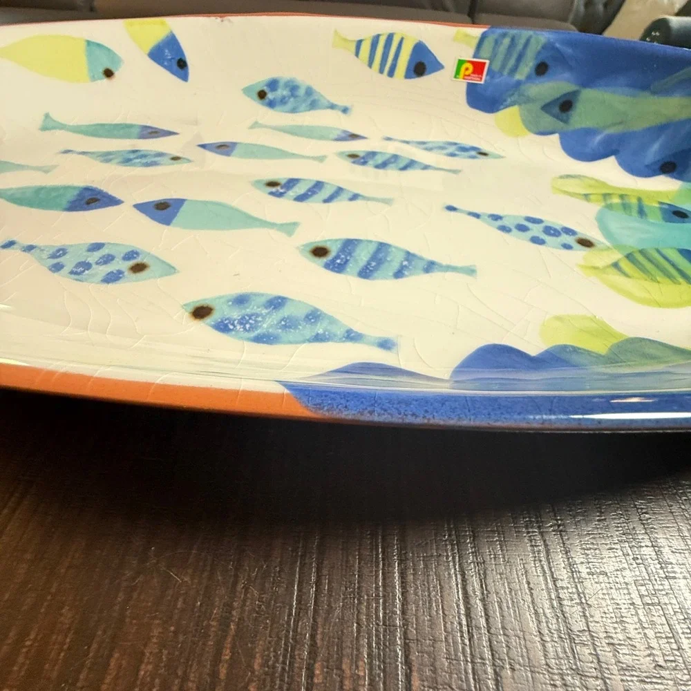 Pier 1 Terracotta Platter Decorative 19in Blue Fish Portugal Coastal Home Decor